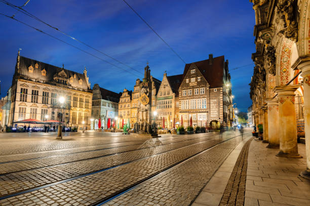 istock view of historical illuminated Bremen market square at sunset 2177990384