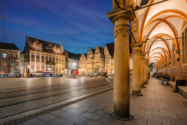 istock view of historical illuminated Bremen market square at sunset 2177990418