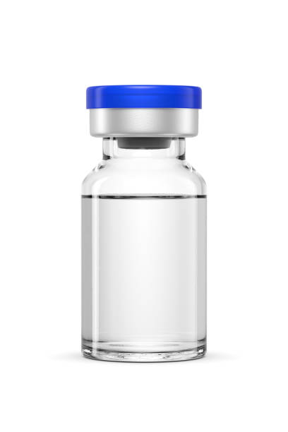 istock Clear glass vial with a blue cap containing a colorless liquid isolated on white. 3D rendering. 2177990554