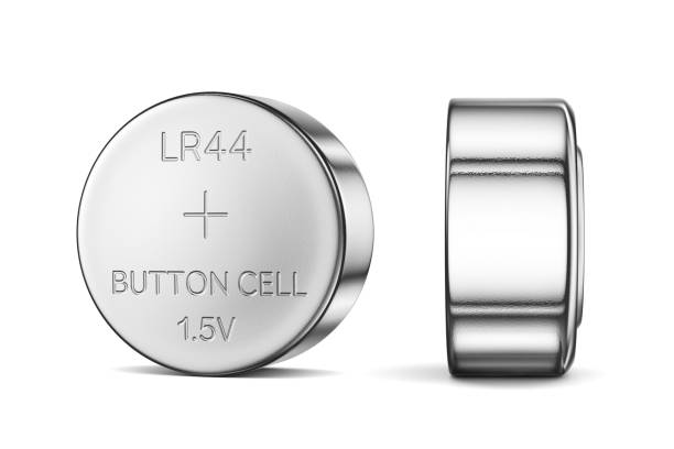 istock Close up alkaline battery button cell LR44 isolated on white. 3D rendering. 2177990578