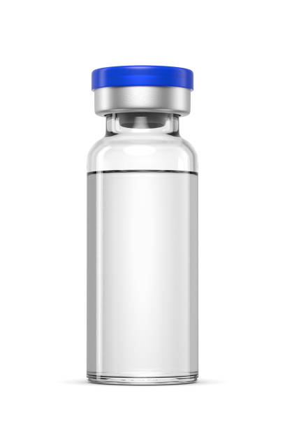 istock Clear glass 15R vial with a blue cap containing a colorless liquid isolated on white . 3D rendering. 2177990586