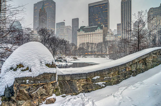 Gapstow Bridge in Central Park during snow storm