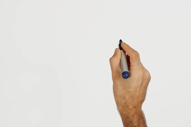 istock A man writing with blue color marker isolated on white. Space for text. 2177991049