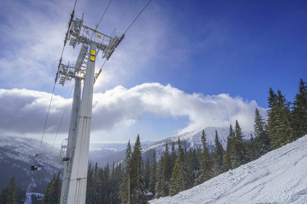 istock Ski lift poles with pine trees, in clear weather, between mountains 2177993137