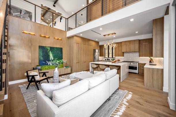 istock Interior design of a modern living room with a staircase 2177995401