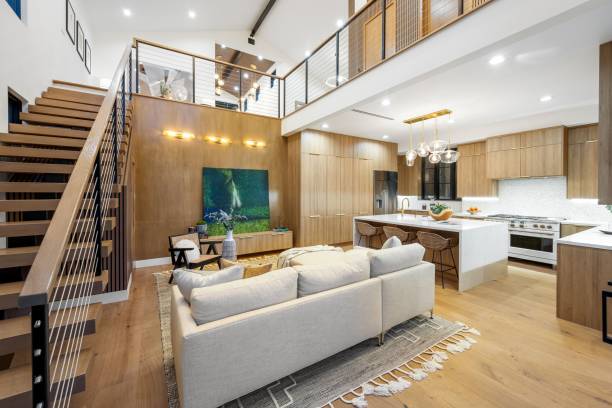istock Interior design of a modern living room with a staircase 2177995406