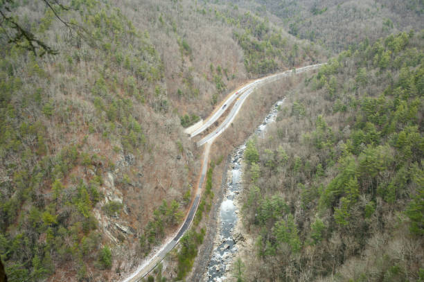 istock Interstate 40 passing thru the valley next to Pigeon River. View from Buzzard Roost atop mountain in Harmon Den area of the Blue Ridge Mountains. Nearby town is Clyde, NC. 2177997756