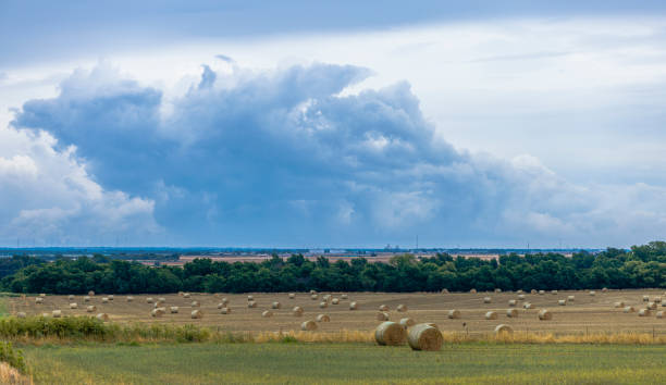 Massive cumulonimbus cloud formation dominates sky above peaceful rural landscape. Vast hayfield dotted with numerous round hay bales fills foreground. Line of trees separates field from distant horizon, where small town can be glimpsed. Contrast between dramatic, billowing cloud and serene farmland creates striking visual dynamic, showcasing raw power of nature against cultivated countryside.