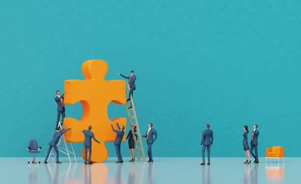 istock Business people work with big puzzle piece, climb on it with ladder, 3D rendering 2177998716