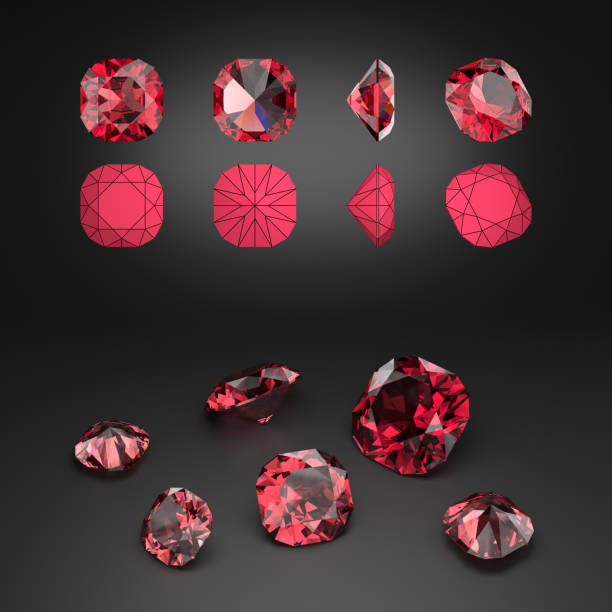 istock Demonstration of the cushion cut ruby from different angles. Scheme of cutting. Scattering of gemstones. 3d rendering. 2177999692