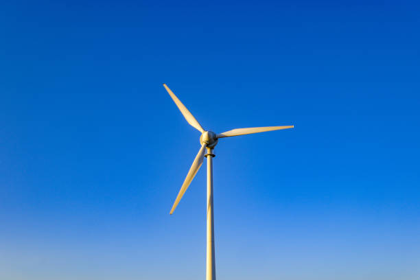 A wide-angle shot capturing the striking view of a single wind turbine in the Mediterranean region, with a clear blue sky as the backdrop at sunset. The turbine is illuminated by the warm glow of the setting sun, blending the beauty of nature with the promise of renewable energy. Ideal for showcasing eco-friendly energy solutions and serene landscapes in the Mediterranean region.