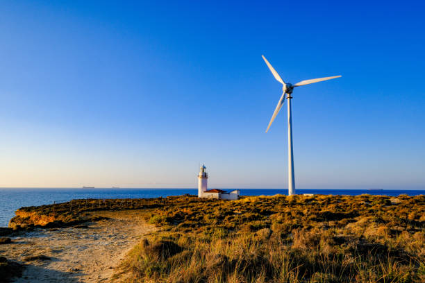 Lighthouse on the coast of the Spanish island of Formentera, Balearic Islands, copy space, selective focus
