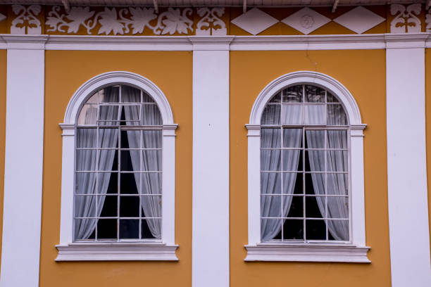 Colonial windows, yellow walls and white columns