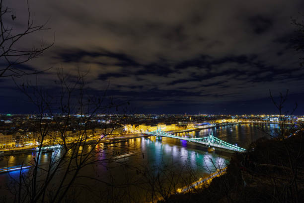 istock Szabadsag bridge at night, illuminated, from above, with the Danube river 2178007055