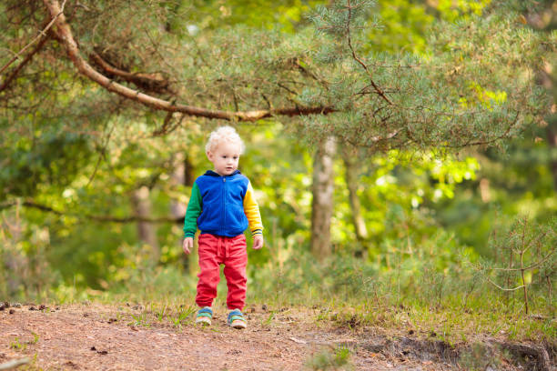 Kids playing in autumn park. Children play outdoors on a sunny fall day. Boy and girl running together hand in hand in a forest. Toddler and preschooler pick colorful oak leaf. Family fun outdoor.