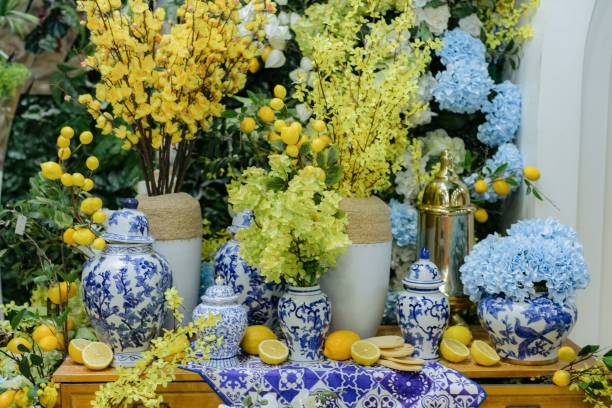 istock Elegant floral arrangement with blue and white vases. 2178015217