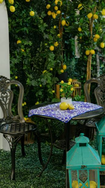 istock Charming outdoor cafe with lemon tree and iron chairs. 2178015219