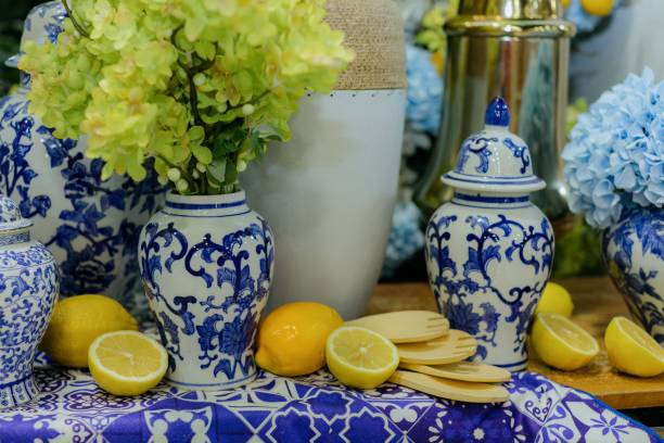Elegant still life with porcelain and lemons.