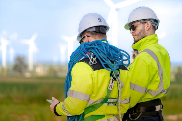 istock Two engineers in high visibility jackets and helmets are inspecting a wind farm. One is holding a mobile device, while the other is equipped with ropes for climbing, with turbines visible in the background. 2178015588