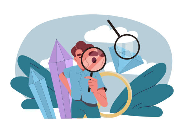 istock Study of preciousness. Man with magnifying glass near diamond and gold ring. Jeweler with jewelry and accessories. Fashion and elegance. Flat vector illustration 2178015620