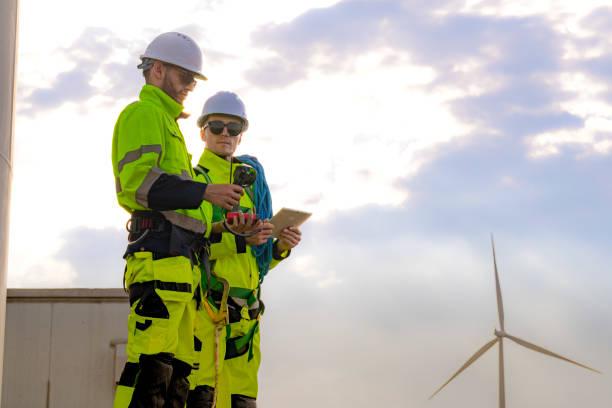 istock Two engineers wearing high visibility safety jackets and helmets measure wind speed with an anemometer and analyze data on a tablet at a renewable energy site. The cloudy sky adds depth to the scene. 2178015801