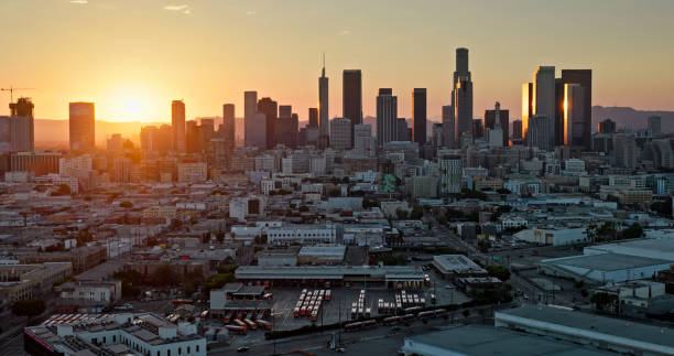Los Angeles, California,USA - January 20, 2018 : Korea Town street in Los Angeles  California. Los Angeles has the most korean population in USA and known for its ethnic food and culture . Downtown Los Angeles skyscrapers can be seen in the background.