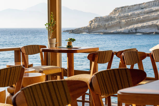 istock Empty restaurant tables and chairs directly on the beach in the sun 2178026068