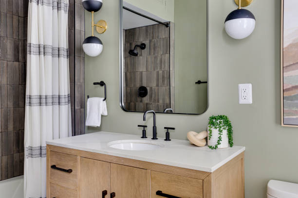 istock Modern Bathroom With Stylish Vanity And Lighting 2178028736