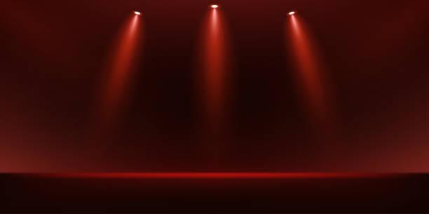istock Empty stage glowing red color light on dark red background. Space for selling products on the website. Vector illustration 2178040368
