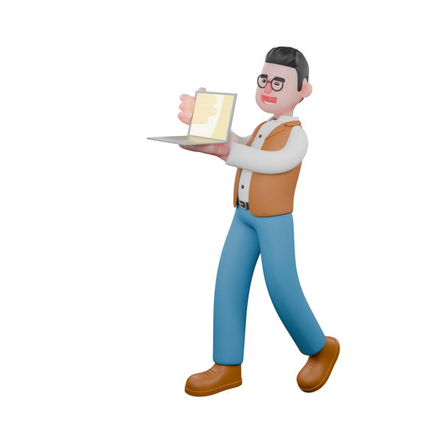 istock Cultural Expert 3D Model. A male anthropologist is walking while showing a laptop screen. Anthropologist Cartoon 2178042011