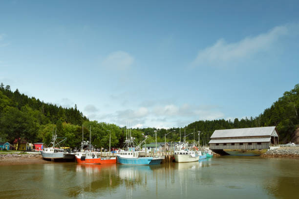 Fishing boats and covered bridge on a sunny day in the harbor of St.Martin, Bay of Fundy, New Brunswick