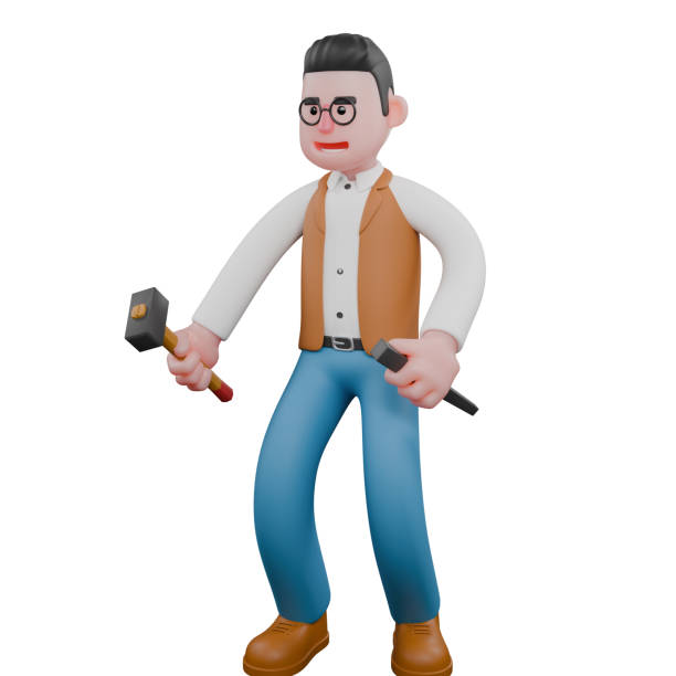 istock 3D Cultural Practitioner. A male anthropologist is standing while carrying a hammer and chisel. Male Anthropologist 2178043162