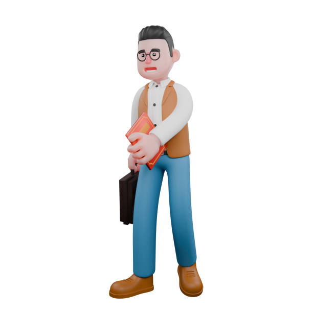 istock 3D Male Anthropologist Character. A male anthropologist is standing while hugging a red-covered book and carrying a work briefcase. Cultural Professional 2178043255