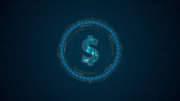 istock Blue digital money logo with HUD UI circle technology interface and futuristic elements on circuit board abstract background crypto currency finance and digital money concepts 2178045251