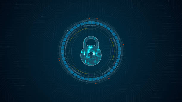istock Blue digital security key logo and circle futuristic HUD elements with network firewall technology and data secure concepts on circuit board abstract background 2178045256