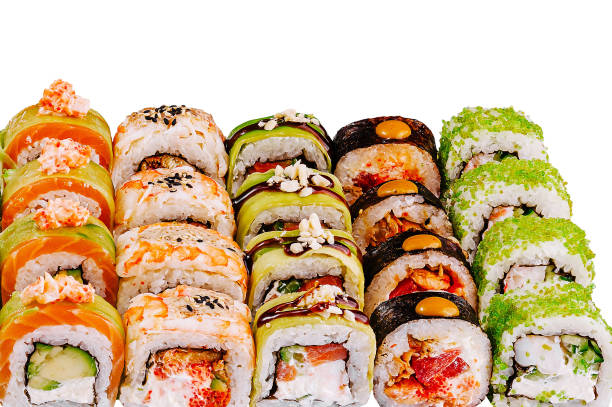 istock Big sushi set with various kinds of maki rolls isolated on white background 2178053765