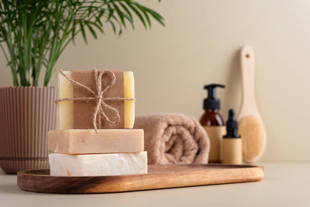 istock Natural handmade soap bars in bathroom with toiletries 2178059255