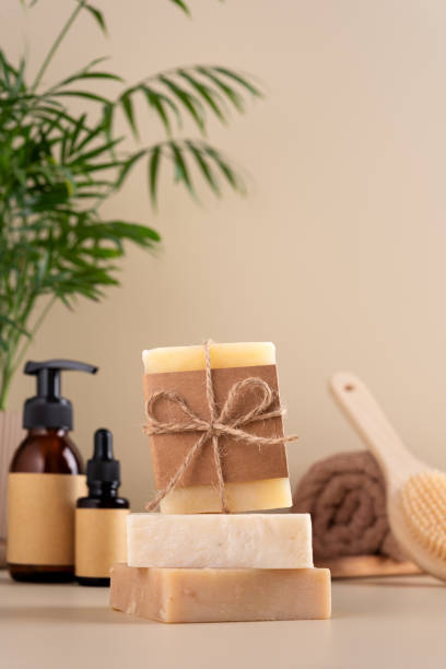 istock Natural handmade soap bars in bathroom with toiletries 2178059305
