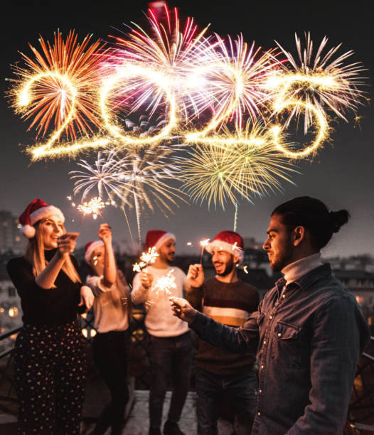 friends celebrate the christmas on the rooftop