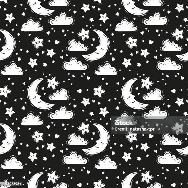 Simple Night Pattern Starry Night Seamless Vector Pattern Simple Monochrome Cloudy Night Sky ...