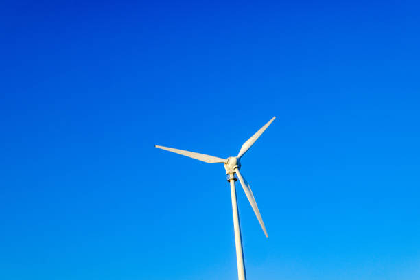 A wide-angle shot capturing the striking view of a single wind turbine in the Mediterranean region, with a clear blue sky as the backdrop at sunset. The turbine is illuminated by the warm glow of the setting sun, blending the beauty of nature with the promise of renewable energy. Ideal for showcasing eco-friendly energy solutions and serene landscapes in the Mediterranean region.