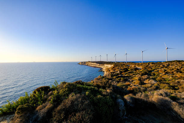 A wide-angle shot capturing the stunning view of numerous wind turbines situated on a cape at sunset in the Mediterranean. The turbines blend harmoniously with the sea view, reflecting the warm tones of the setting sun, creating a serene yet dynamic atmosphere. Ideal for showcasing renewable energy efforts in the Mediterranean region, highlighting the harmony between nature and modern technology.
