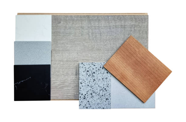 istock set of interior material samples in top view contains engineering wooden flooring tile, palette of artificial stones, terrazzo, oak wooden veneer isolated on background with clipping path. 2178071010