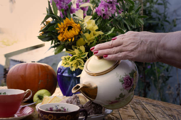 afternoon tea  in fall autumn  sunflowers  pumpkins  vintage  tea