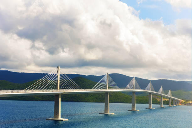 Scenic panoramic view modern multi-span cable-stayed Peljesac Bridge over  sea in Dubrovnik-Neretva County canal bay.  Suspension bridge architecture engineering construction in Europe.