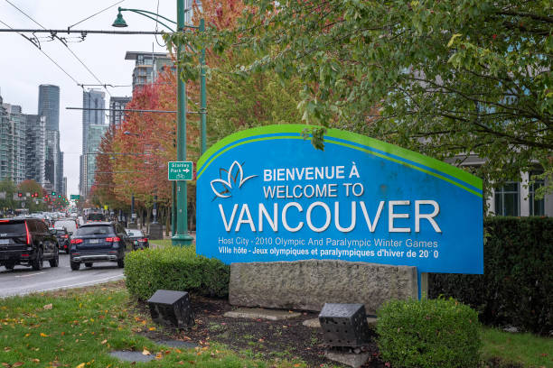 Vancouver, British Columbia, Canada  September 26, 2024: A sign welcoming visitors to the city of Vancouver is displayed in French and English in Vancouver, BC, Canada.