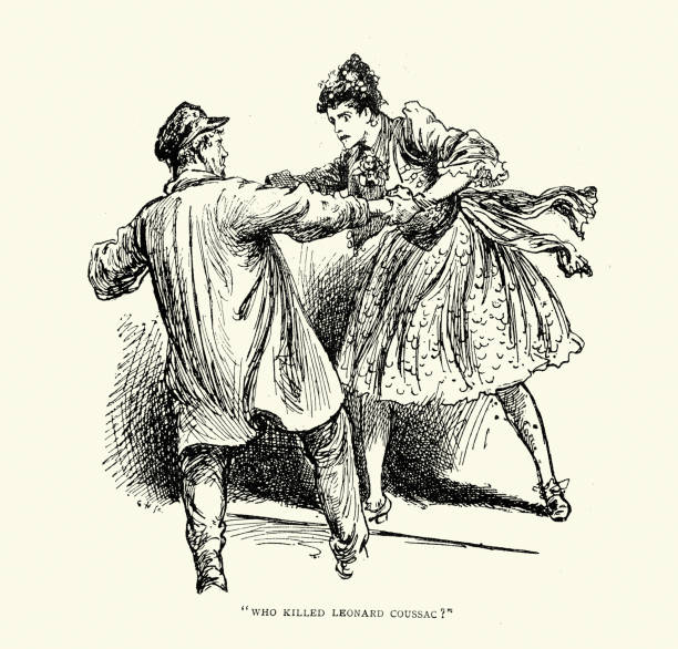 Woman fighting with a man, accusing him of murder, Victorian, 19th Century style. 1890s from Catissou by Jules Claretie