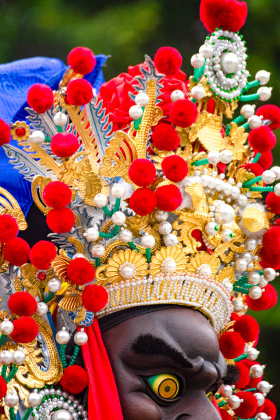 the exquisite details of a deity's headdress