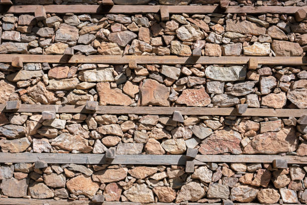 Old wooden and buttoned stone houses background