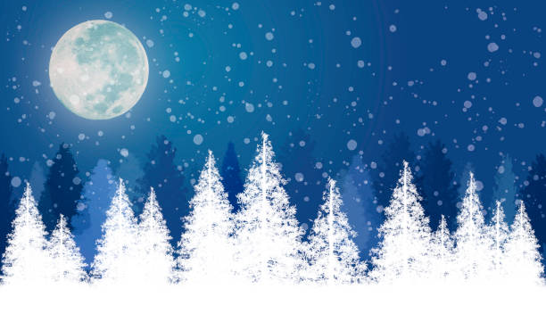 istock Winter Holidays Scene - Forest Evergreen Christmas Trees Snowing with Full Moon 2178100487